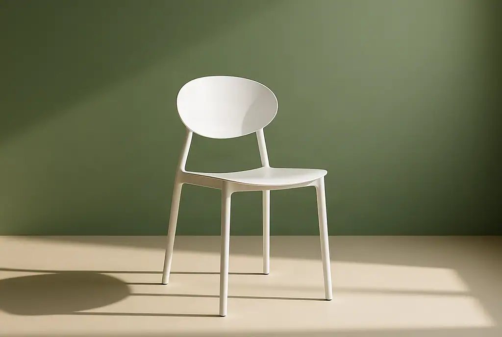 Actual AI result: a white chair against a green studio wall and cream floor